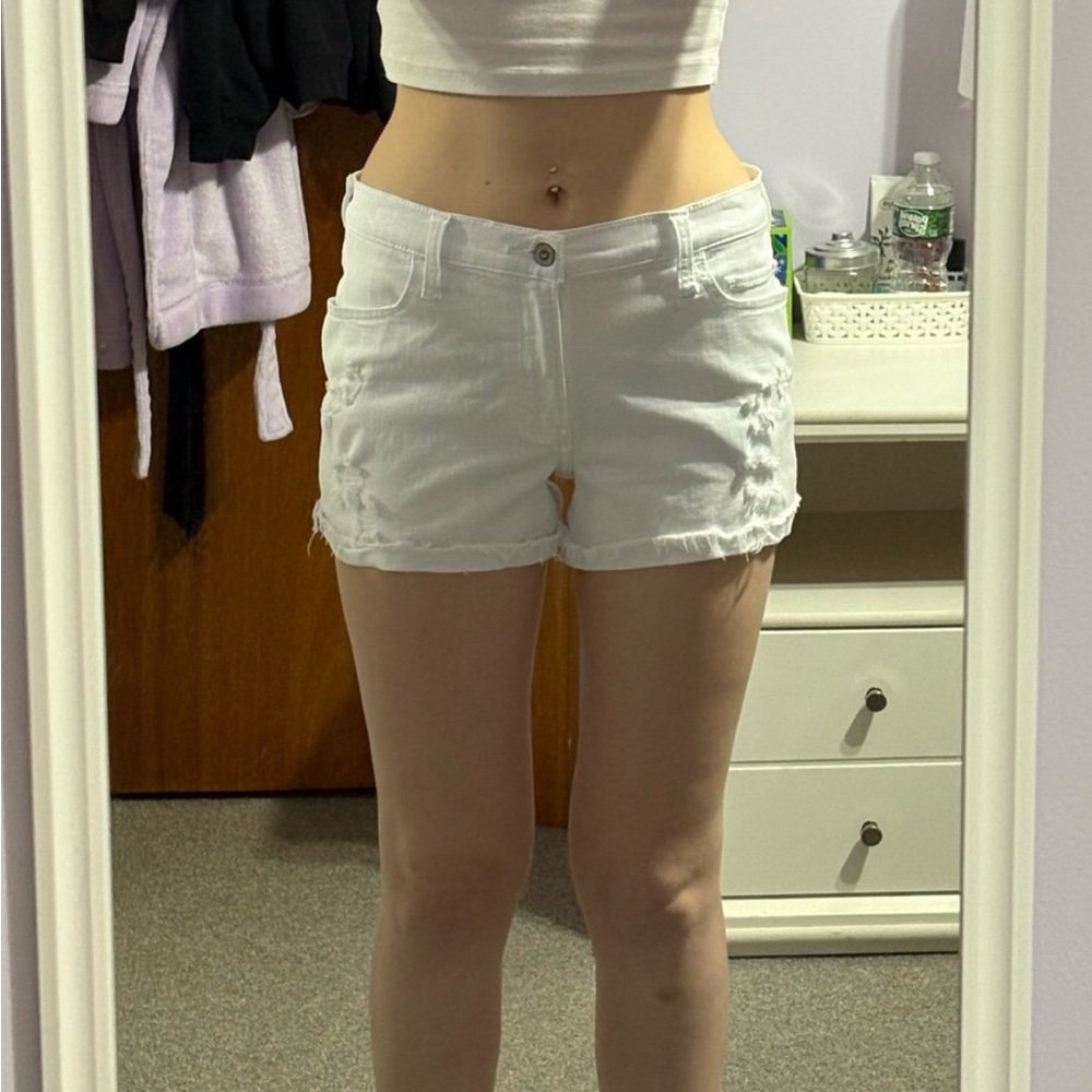 Hollister High-Rise White Ripped Jean Shorts